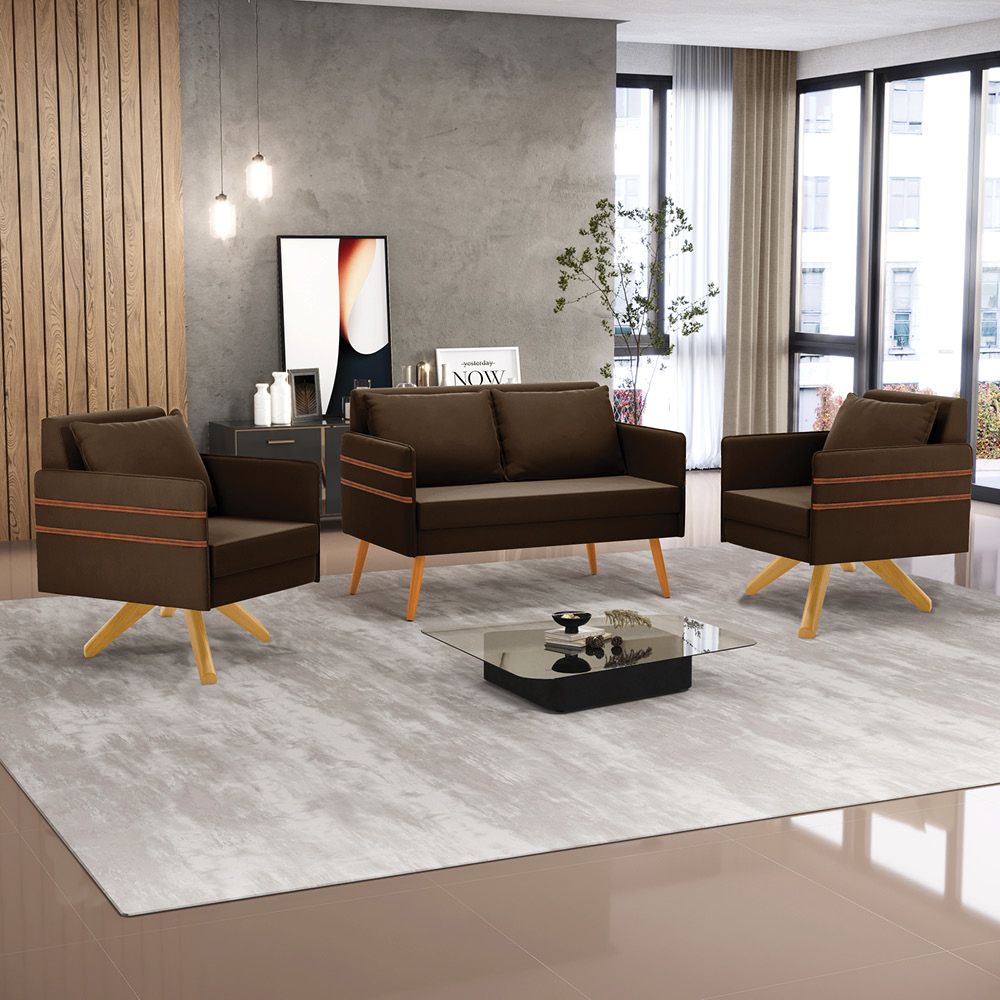 Kit 01 Namoradeira 02 Lugares e 02 Poltronas Mari Suede Marrom Base de Madeira MA30 - D'Rossi