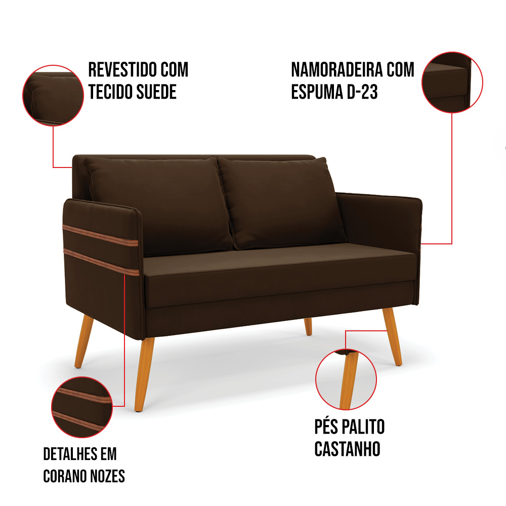 Kit 01 Namoradeira 02 Lugares e 02 Poltronas Mari Suede Marrom Base de Madeira MA30 - D'Rossi