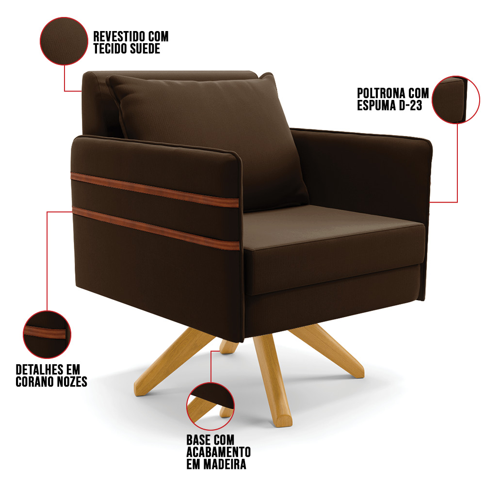Kit 01 Namoradeira 02 Lugares e 02 Poltronas Mari Suede Marrom Base de Madeira MA30 - D'Rossi