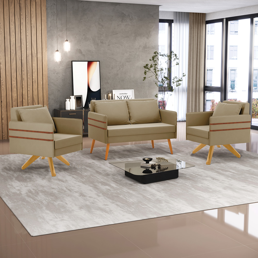 Kit 01 Namoradeira 02 Lugares e 02 Poltronas Mari Suede Marrom Rato Base de Madeira MA30 - D'Rossi
