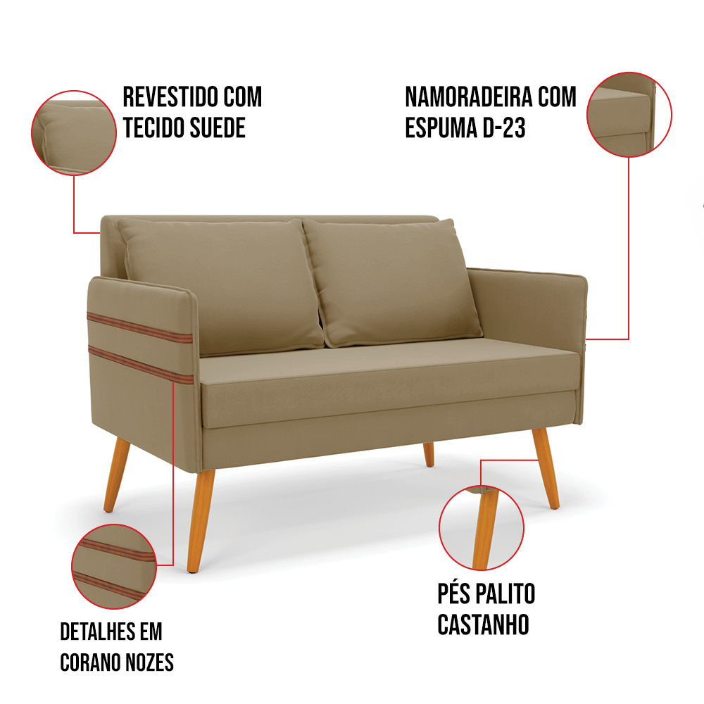 Kit 01 Namoradeira 02 Lugares e 02 Poltronas Mari Suede Marrom Rato Base de Madeira MA30 - D'Rossi