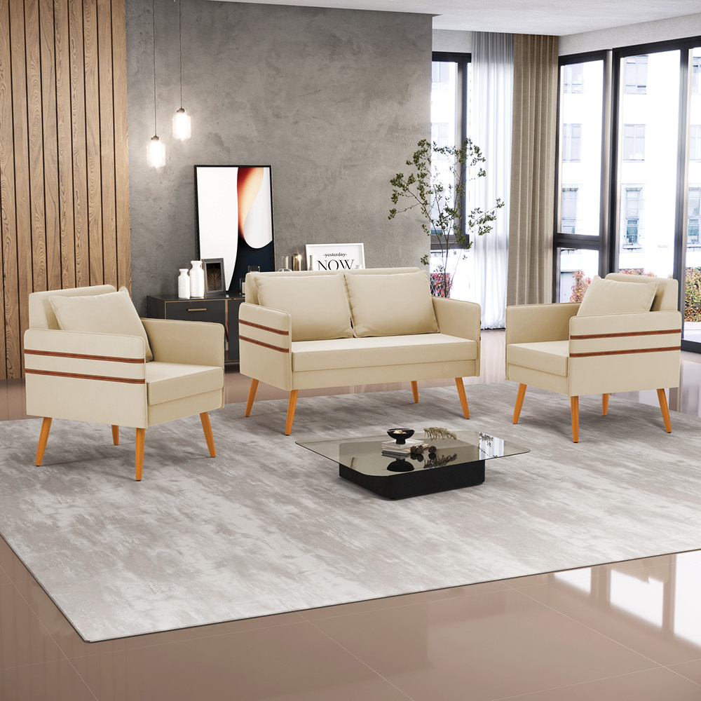 Kit 01 Namoradeira 02 Lugares e 02 Poltronas Mari Suede Pés Palito Castanho - D'Rossi