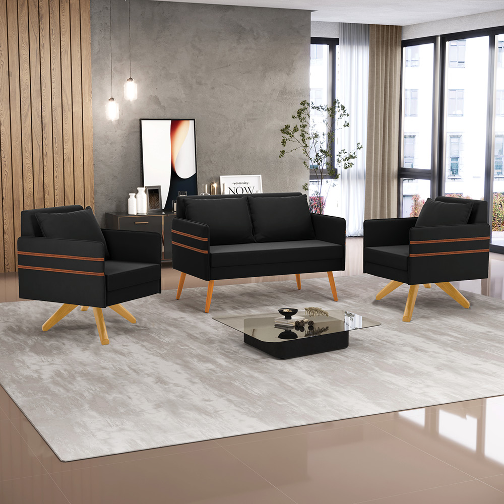 Kit 01 Namoradeira 02 Lugares e 02 Poltronas Mari Suede Preto Base de Madeira MA30 - D'Rossi