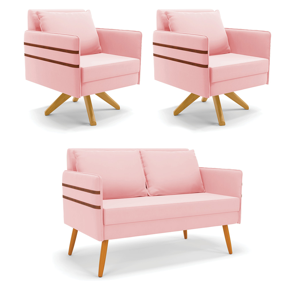Kit 01 Namoradeira 02 Lugares e 02 Poltronas Mari Suede Rosa Bebê Base de Madeira MA30 - D'Rossi
