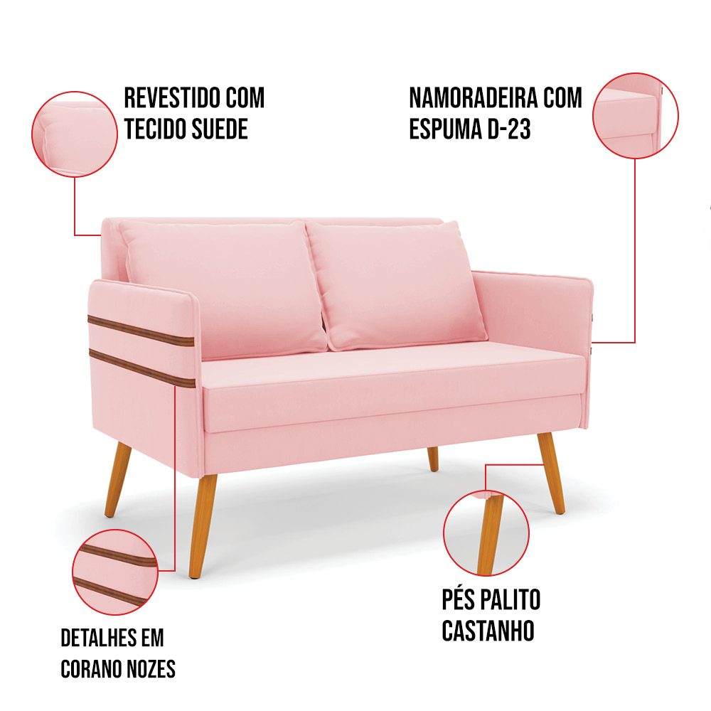 Kit 01 Namoradeira 02 Lugares e 02 Poltronas Mari Suede Rosa Bebê Base de Madeira MA30 - D'Rossi