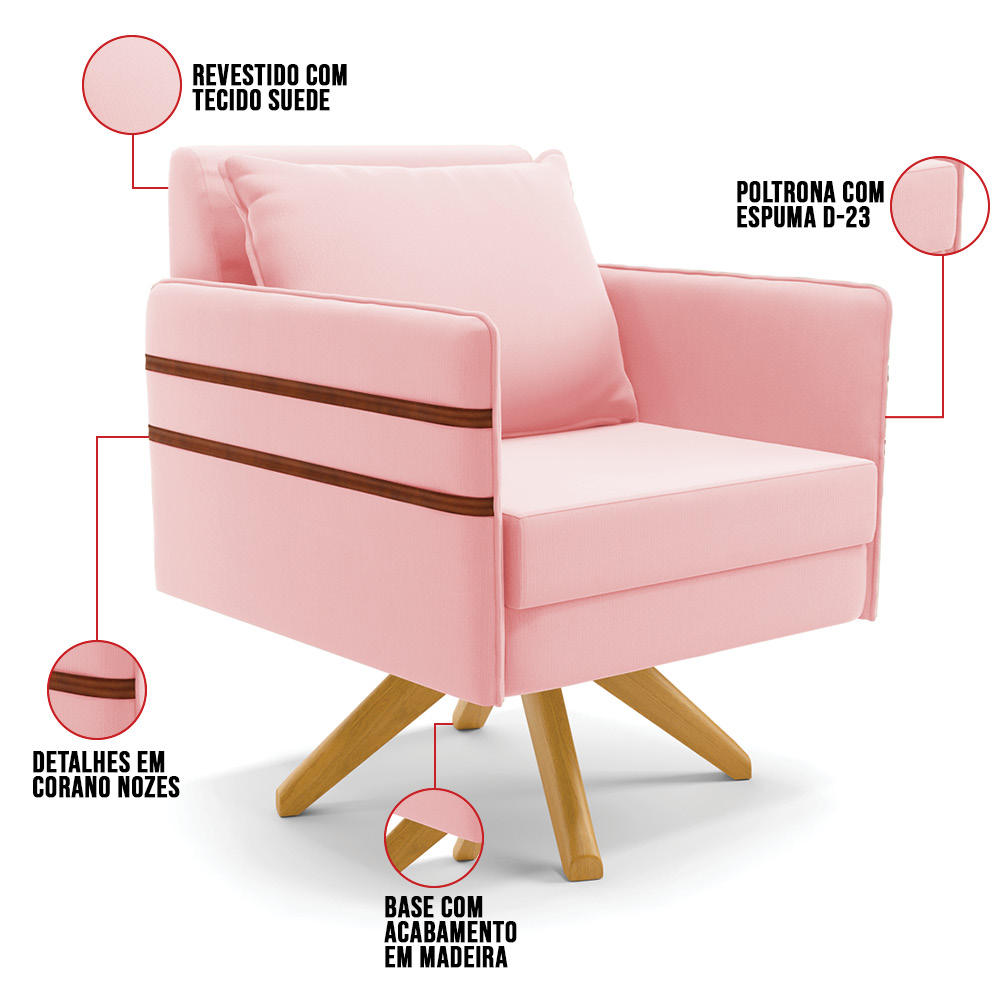 Kit 01 Namoradeira 02 Lugares e 02 Poltronas Mari Suede Rosa Bebê Base de Madeira MA30 - D'Rossi