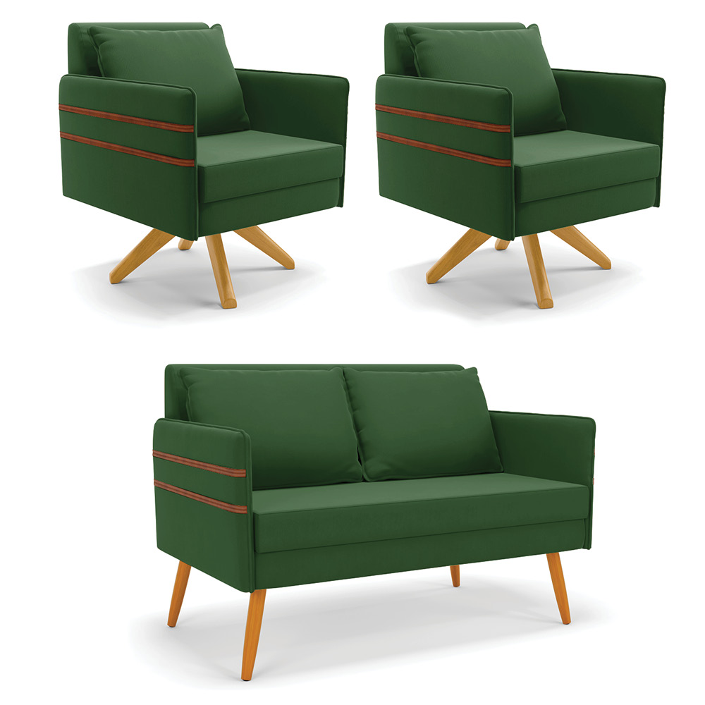 Kit 01 Namoradeira 02 Lugares e 02 Poltronas Mari Suede Verde Base de Madeira MA30 - D'Rossi