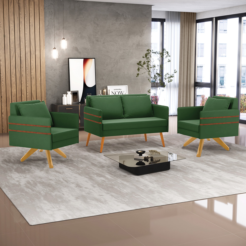 Kit 01 Namoradeira 02 Lugares e 02 Poltronas Mari Suede Verde Base de Madeira MA30 - D'Rossi
