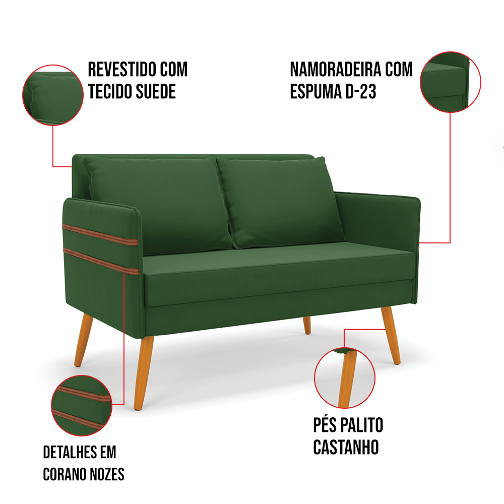 Kit 01 Namoradeira 02 Lugares e 02 Poltronas Mari Suede Verde Base de Madeira MA30 - D'Rossi