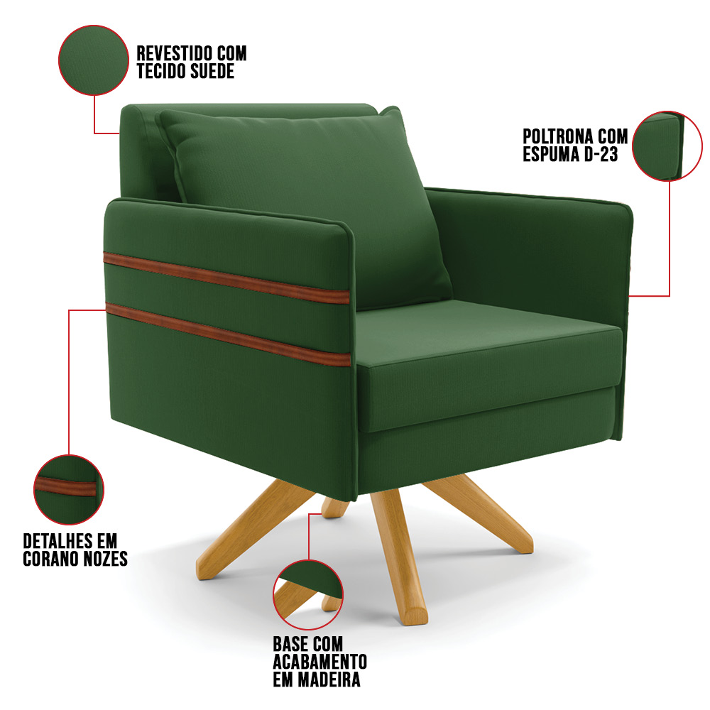 Kit 01 Namoradeira 02 Lugares e 02 Poltronas Mari Suede Verde Base de Madeira MA30 - D'Rossi