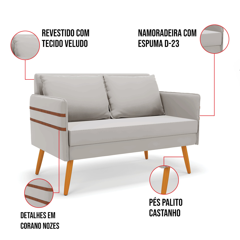 Kit 01 Namoradeira 02 Lugares e 02 Poltronas Mari Veludo Cinza Base de Madeira MA30 - D'Rossi