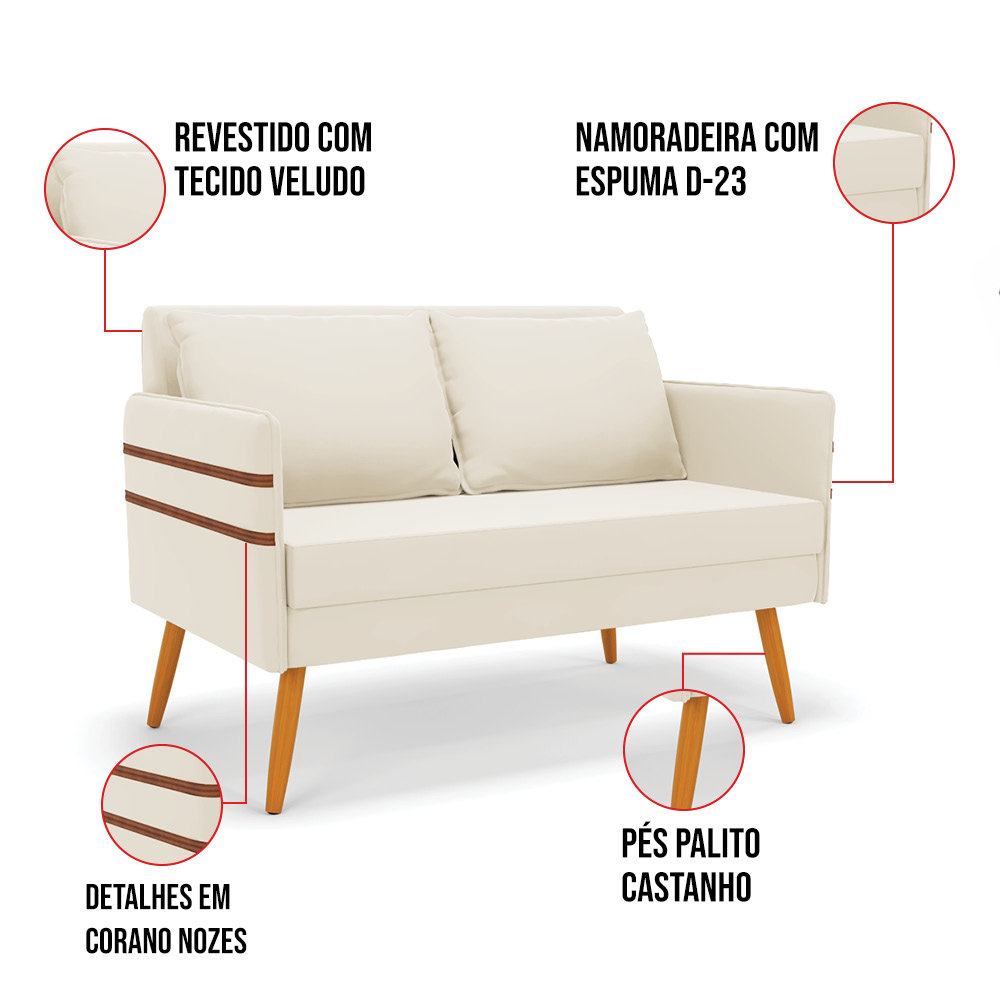 Kit 01 Namoradeira 02 Lugares e 02 Poltronas Mari Veludo Pés Palito Castanho - D'Rossi