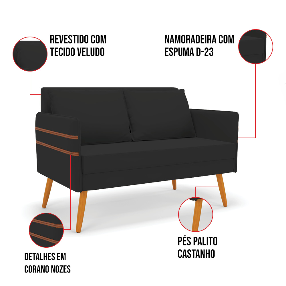 Kit 01 Namoradeira 02 Lugares e 02 Poltronas Mari Veludo Preto Base de Madeira MA30 - D'Rossi