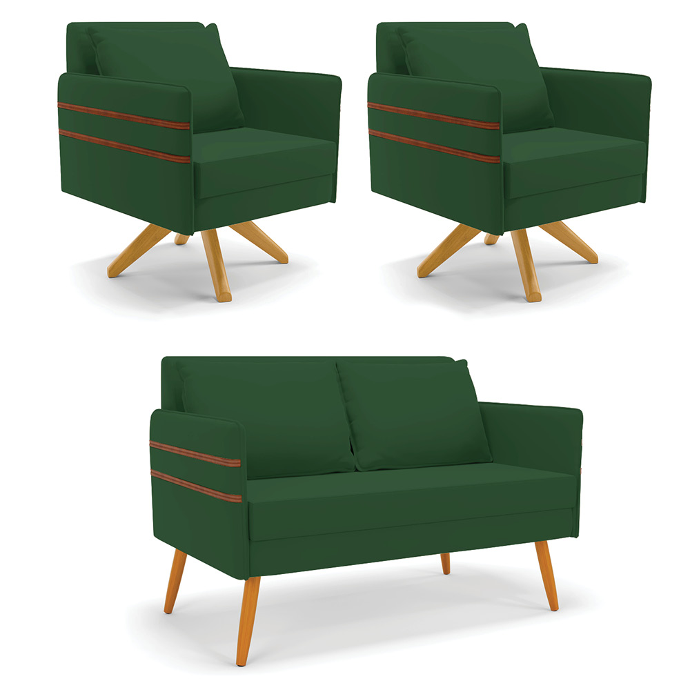 Kit 01 Namoradeira 02 Lugares e 02 Poltronas Mari Veludo Verde Base de Madeira MA30 - D'Rossi