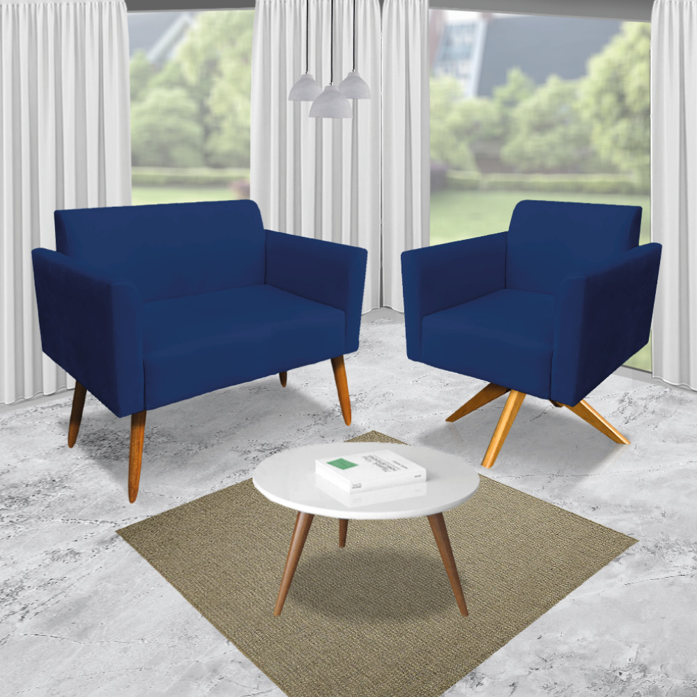 Kit 01 Namoradeira 02 Lugares e 02 Poltronas Marisa Suede Azul Marinho Base Giratória Madeira MA30 D'Rossi