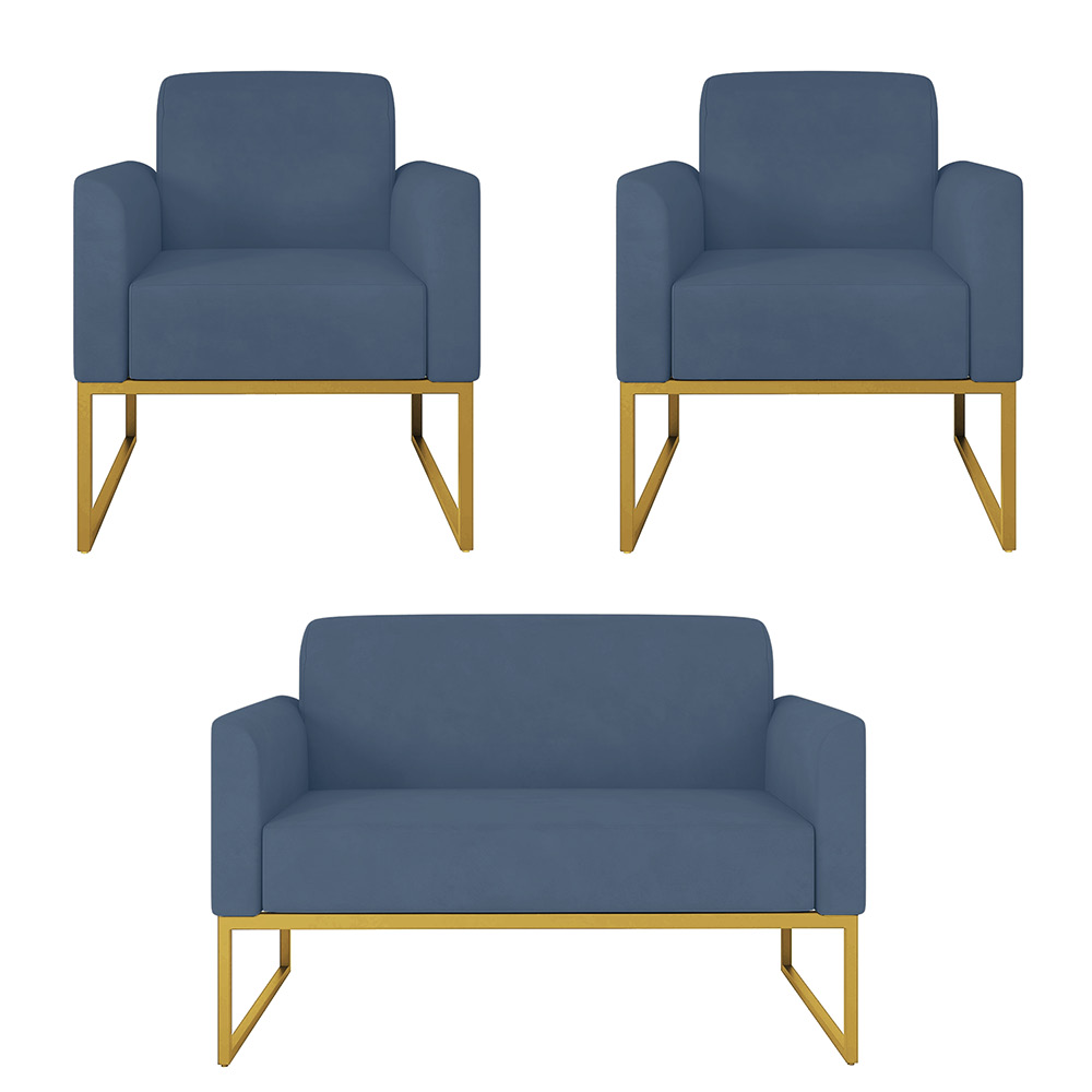 Kit 01 Namoradeira 02 Lugares e 02 Poltronas Marisa Suede Azul Marinho Base Industrial Metálica Dourado D'Rossi