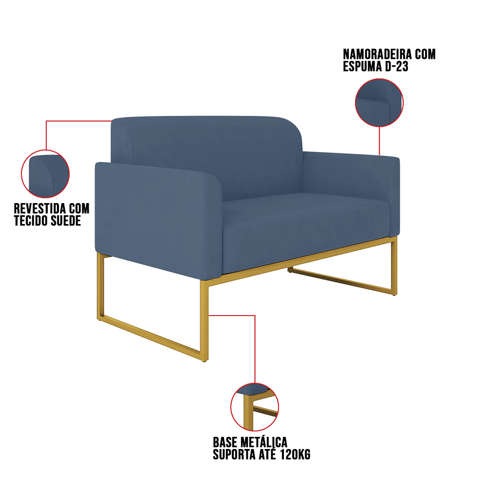 Kit 01 Namoradeira 02 Lugares e 02 Poltronas Marisa Suede Azul Marinho Base Industrial Metálica Dourado D'Rossi