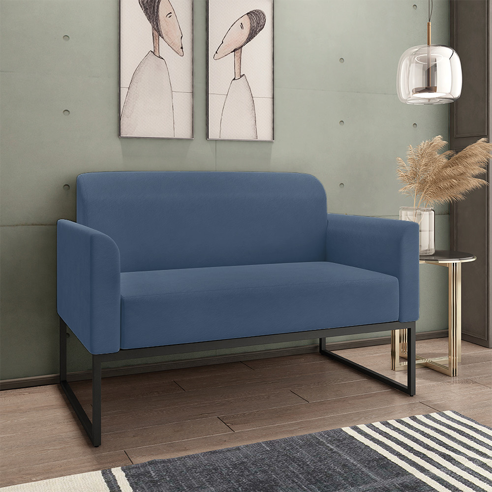 Kit 01 Namoradeira 02 Lugares e 02 Poltronas Marisa Suede Azul Marinho Base Industrial Metálica Preto D'Rossi