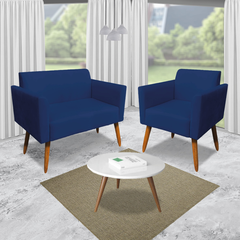 Kit 01 Namoradeira 02 Lugares e 02 Poltronas Marisa Suede Azul Marinho Pés Palito Castanho D'Rossi