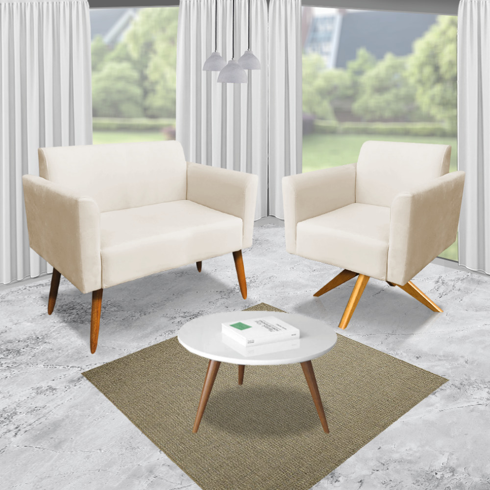 Kit 01 Namoradeira 02 Lugares e 02 Poltronas Marisa Suede Bege Base Giratória Madeira MA30 D'Rossi