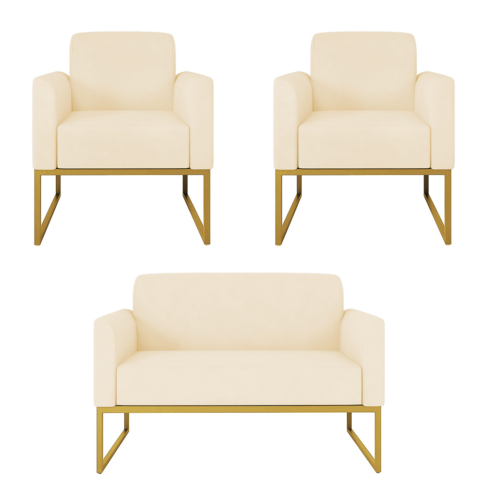 Kit 01 Namoradeira 02 Lugares e 02 Poltronas Marisa Suede Bege Base Industrial Metálica Dourado D'Rossi