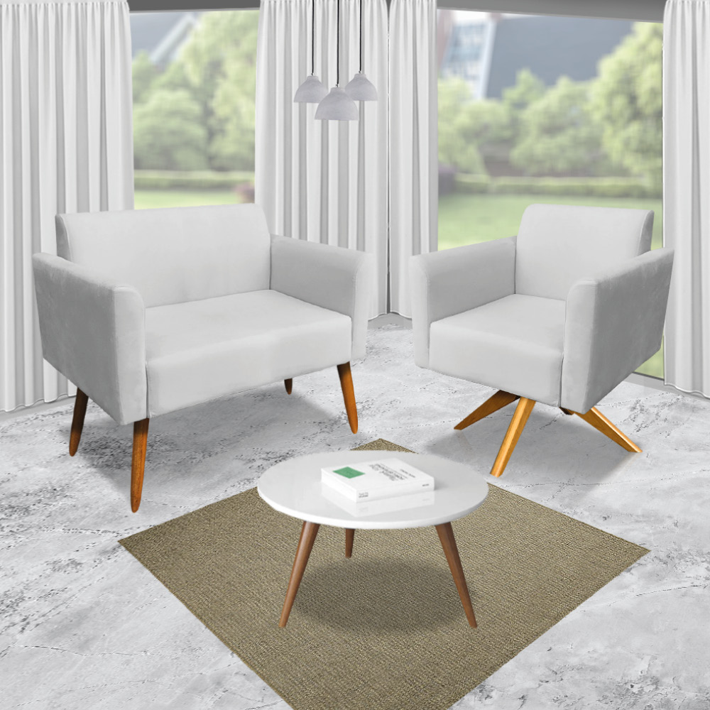 Kit 01 Namoradeira 02 Lugares e 02 Poltronas Marisa Suede Cinza Base Giratória Madeira MA30 D'Rossi