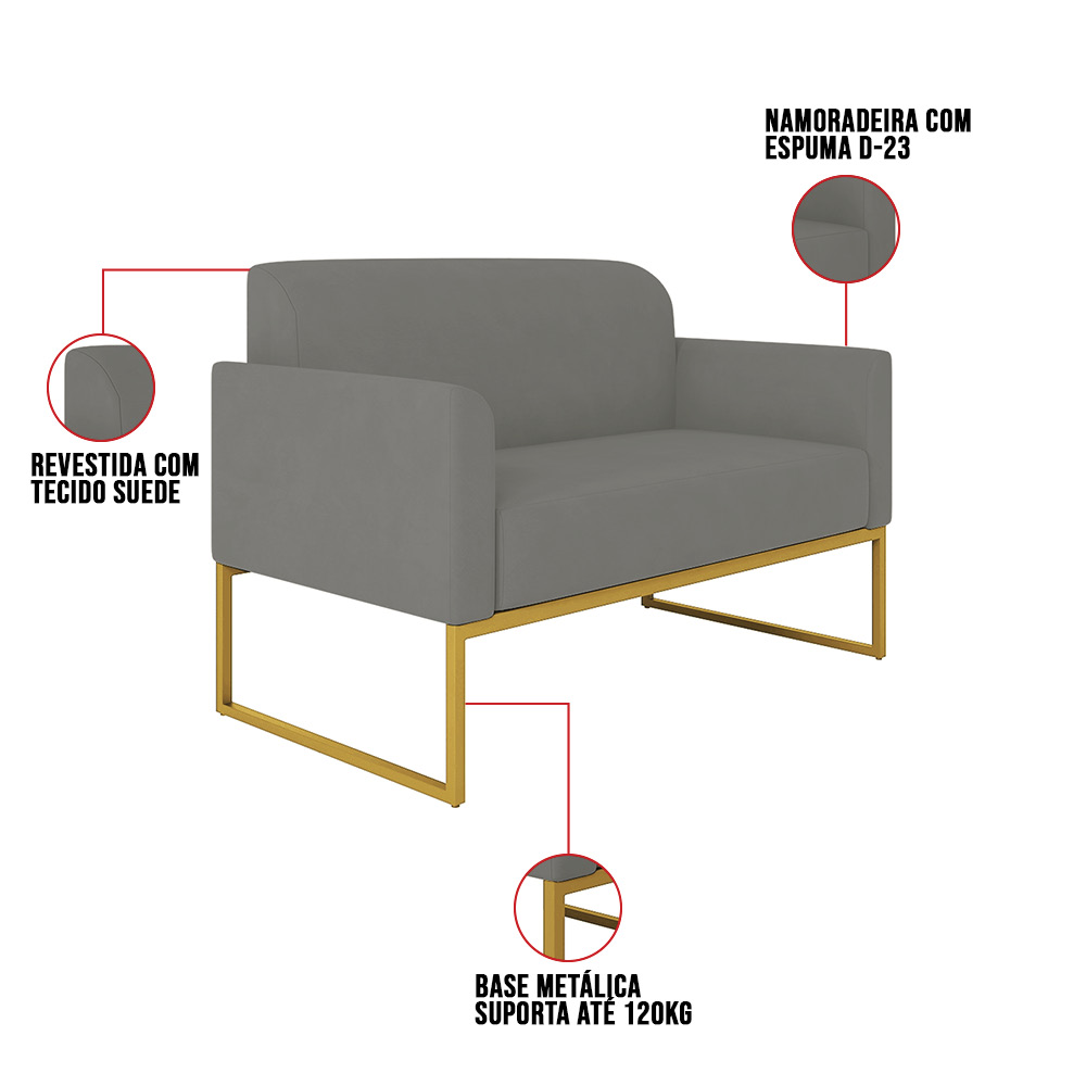Kit 01 Namoradeira 02 Lugares e 02 Poltronas Marisa Suede Grafite Base Industrial Metálica Dourado D'Rossi
