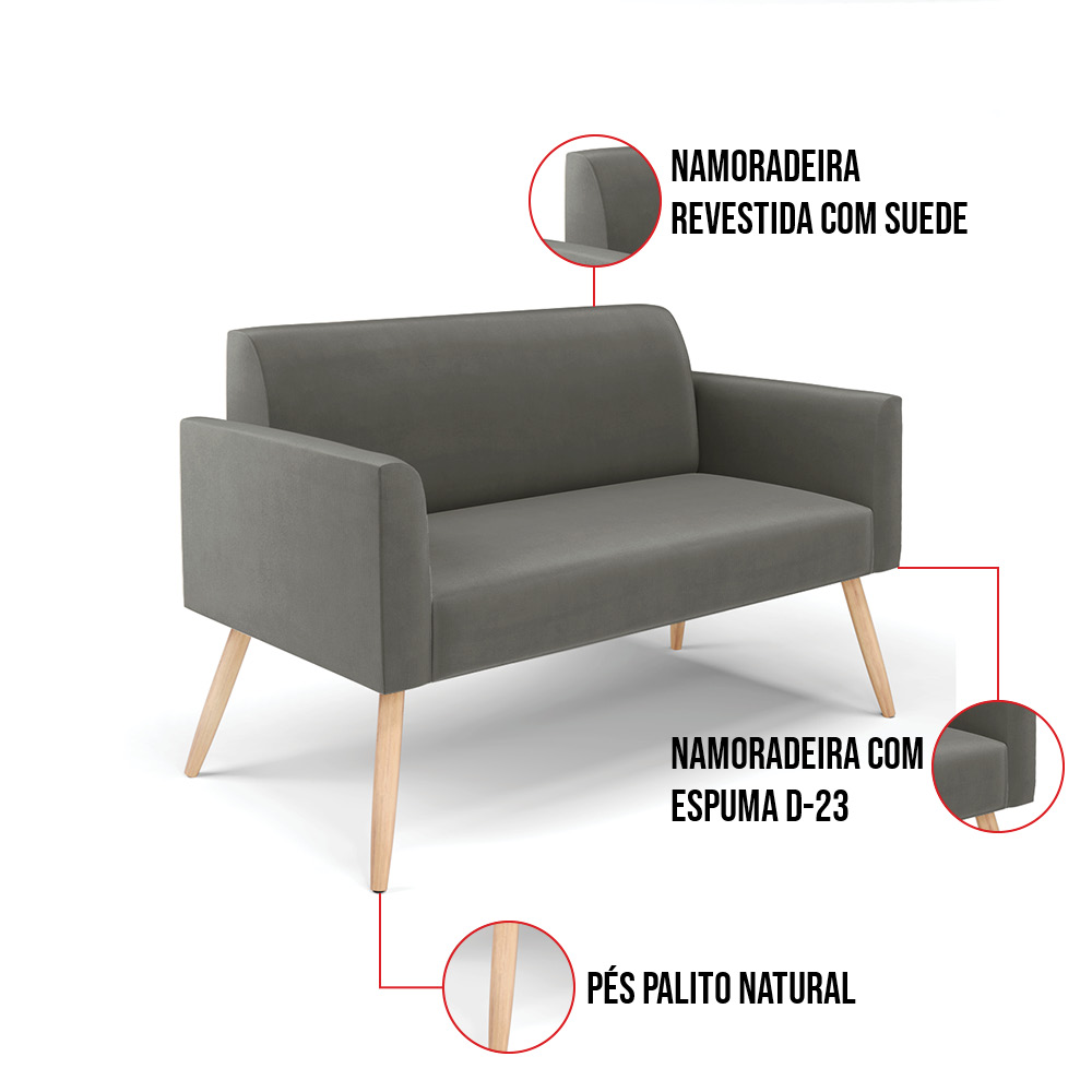 Kit 01 Namoradeira 02 Lugares e 02 Poltronas Marisa Suede Grafite Pés Palito Natural D'Rossi