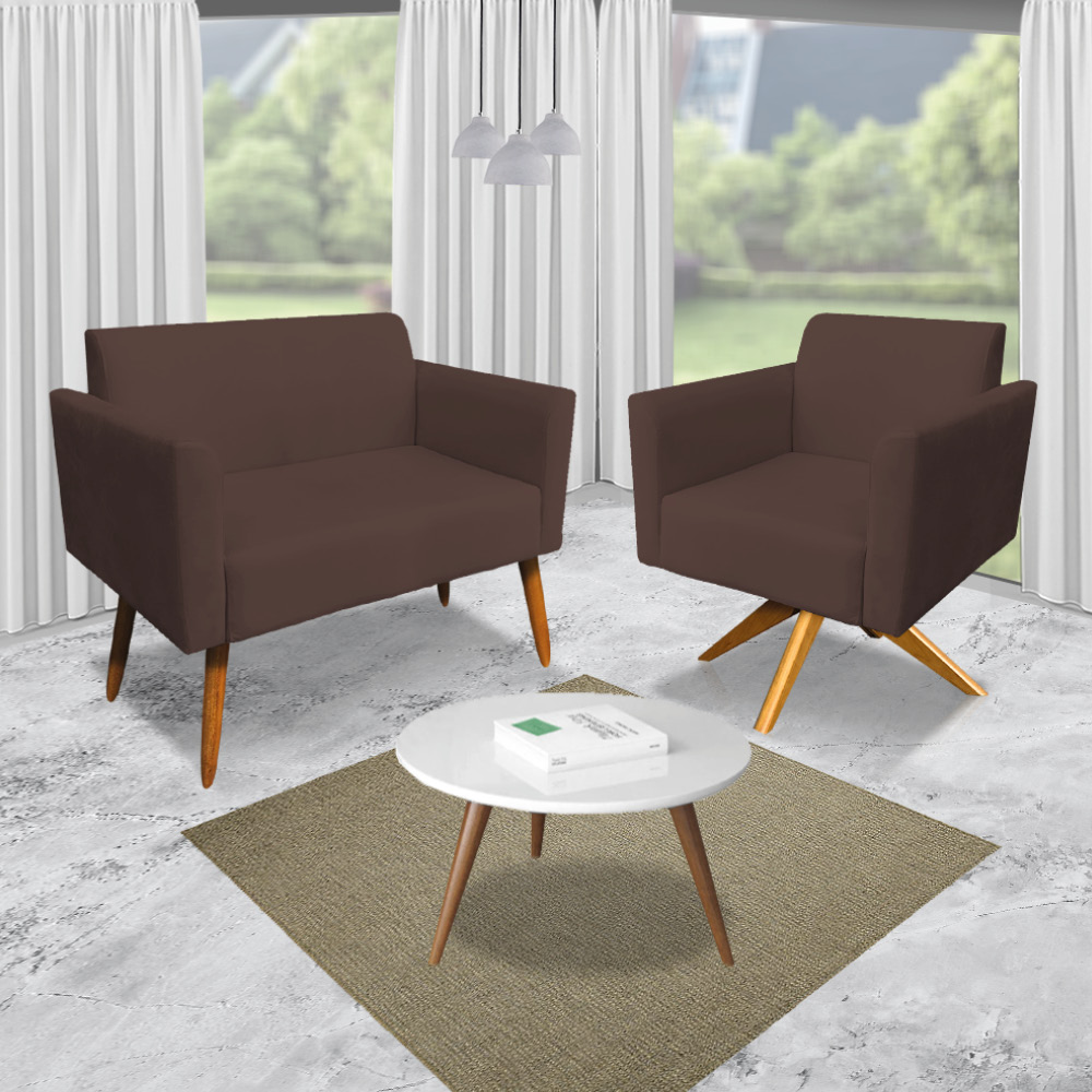 Kit 01 Namoradeira 02 Lugares e 02 Poltronas Marisa Suede Marrom Base Giratória Madeira MA30 D'Rossi