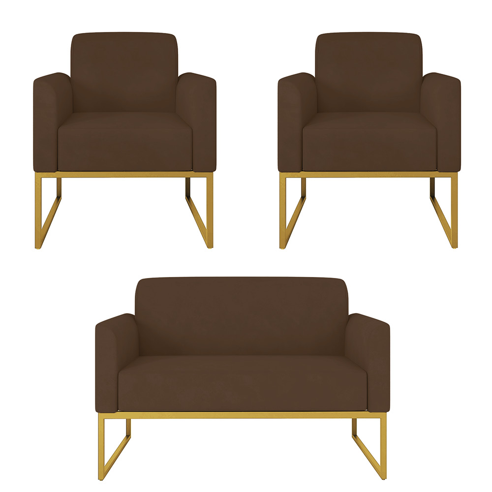 Kit 01 Namoradeira 02 Lugares e 02 Poltronas Marisa Suede Marrom Base Industrial Metálica Dourado D'Rossi