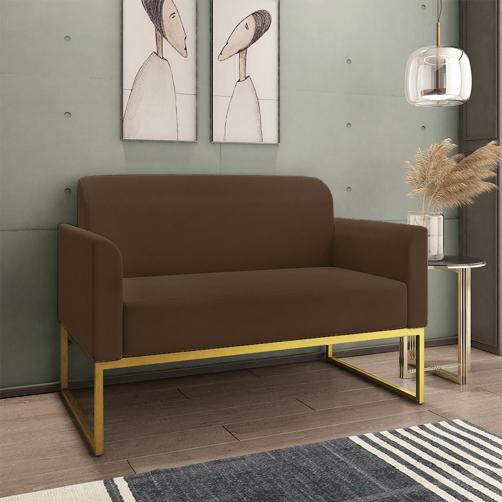Kit 01 Namoradeira 02 Lugares e 02 Poltronas Marisa Suede Marrom Base Industrial Metálica Dourado D'Rossi