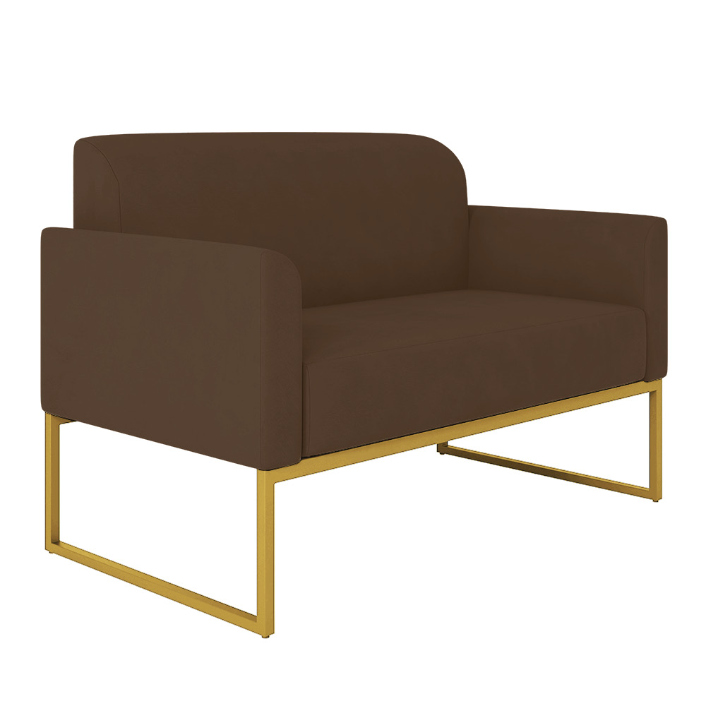 Kit 01 Namoradeira 02 Lugares e 02 Poltronas Marisa Suede Marrom Base Industrial Metálica Dourado D'Rossi