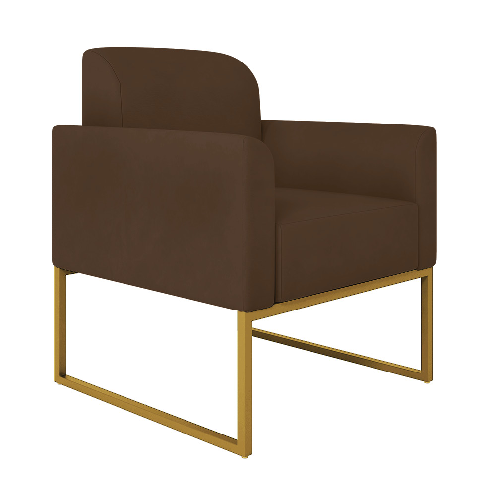 Kit 01 Namoradeira 02 Lugares e 02 Poltronas Marisa Suede Marrom Base Industrial Metálica Dourado D'Rossi