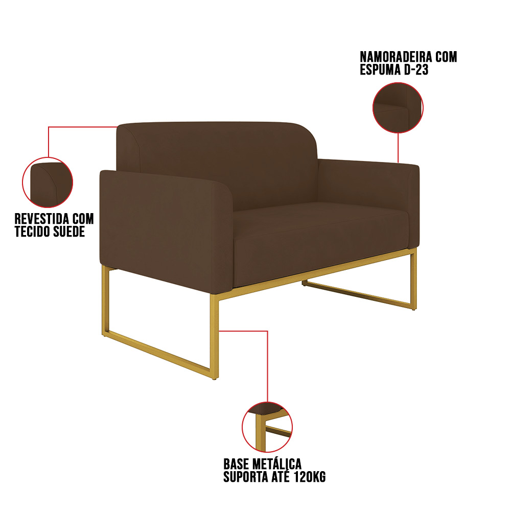 Kit 01 Namoradeira 02 Lugares e 02 Poltronas Marisa Suede Marrom Base Industrial Metálica Dourado D'Rossi