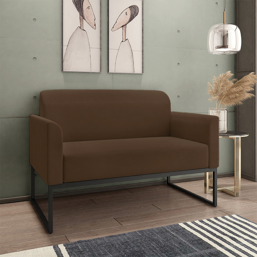 Kit 01 Namoradeira 02 Lugares e 02 Poltronas Marisa Suede Marrom Base Industrial Metálica Preto D'Rossi
