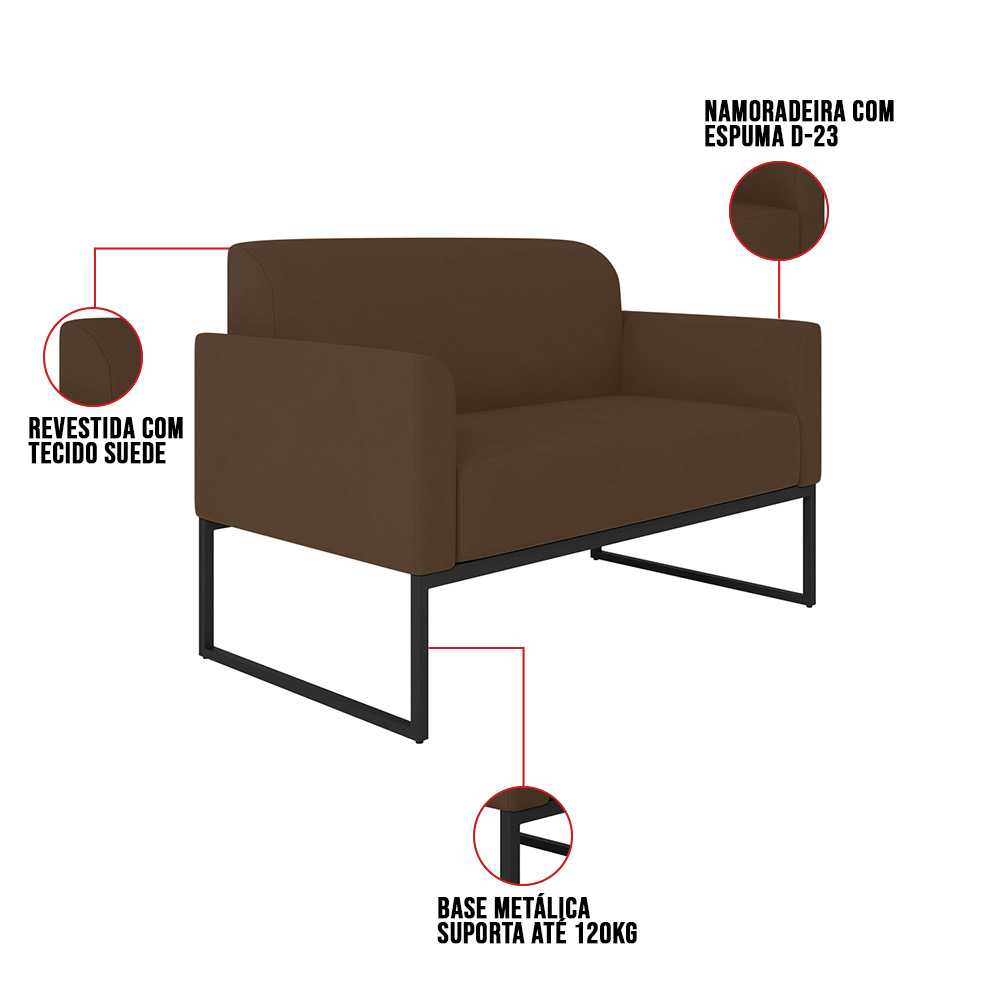 Kit 01 Namoradeira 02 Lugares e 02 Poltronas Marisa Suede Marrom Base Industrial Metálica Preto D'Rossi