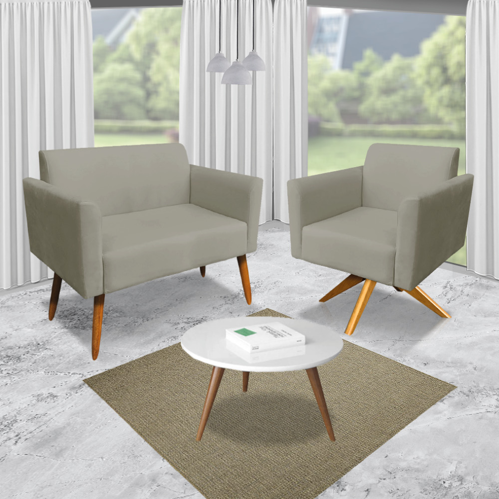 Kit 01 Namoradeira 02 Lugares e 02 Poltronas Marisa Suede Marrom Rato Base Giratória Madeira MA30 D'Rossi