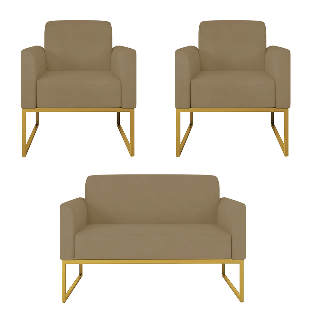 Kit 01 Namoradeira 02 Lugares e 02 Poltronas Marisa Suede Marrom Rato Base Industrial Metálica Dourado D'Rossi