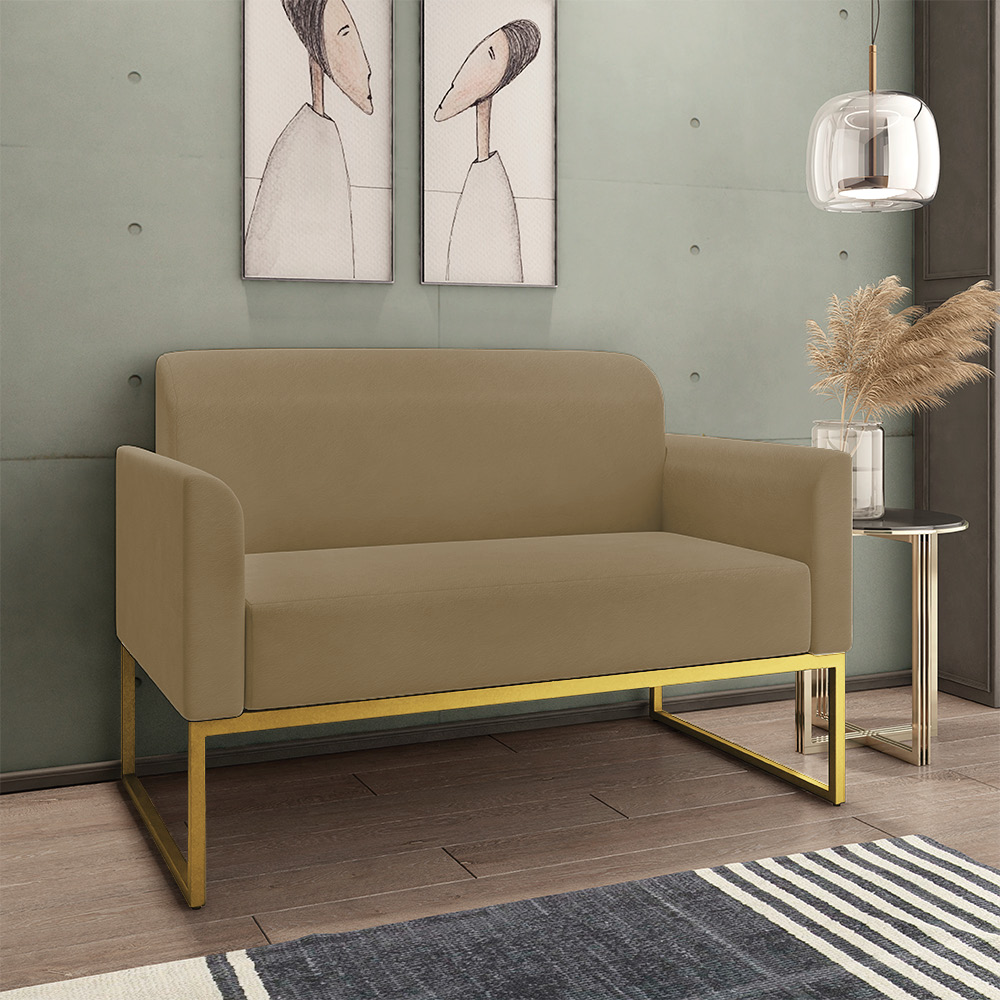 Kit 01 Namoradeira 02 Lugares e 02 Poltronas Marisa Suede Marrom Rato Base Industrial Metálica Dourado D'Rossi