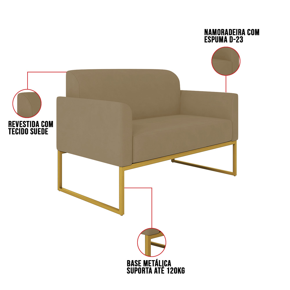 Kit 01 Namoradeira 02 Lugares e 02 Poltronas Marisa Suede Marrom Rato Base Industrial Metálica Dourado D'Rossi