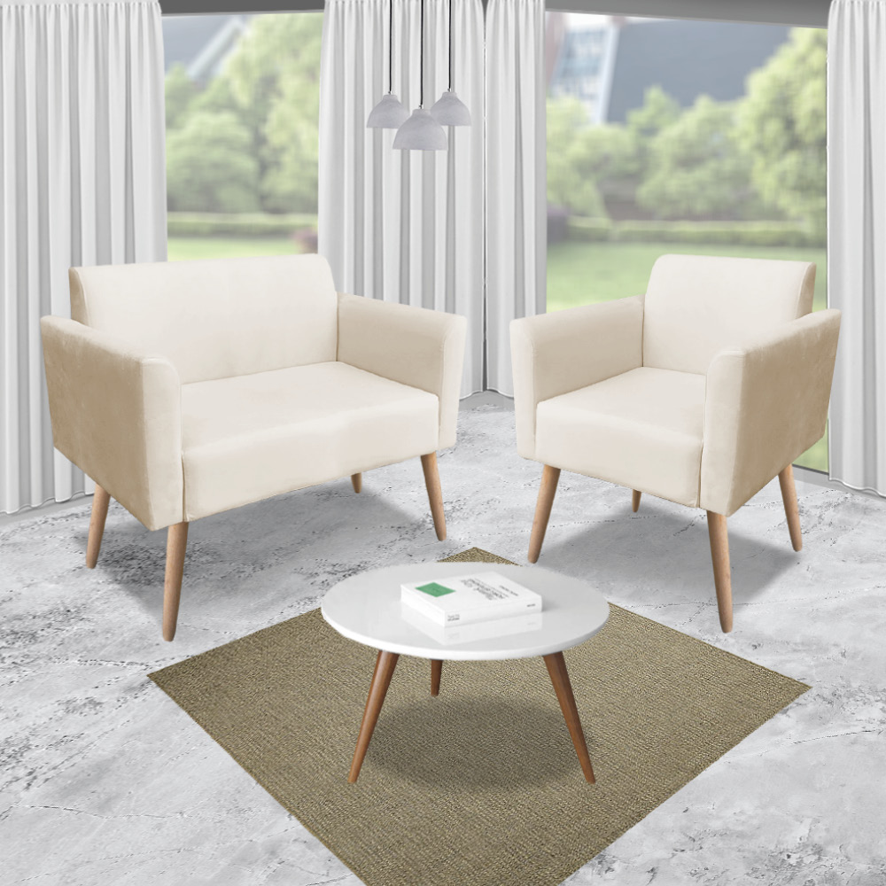 Kit 01 Namoradeira 02 Lugares e 02 Poltronas Marisa Suede Pés Palito Natural D'Rossi