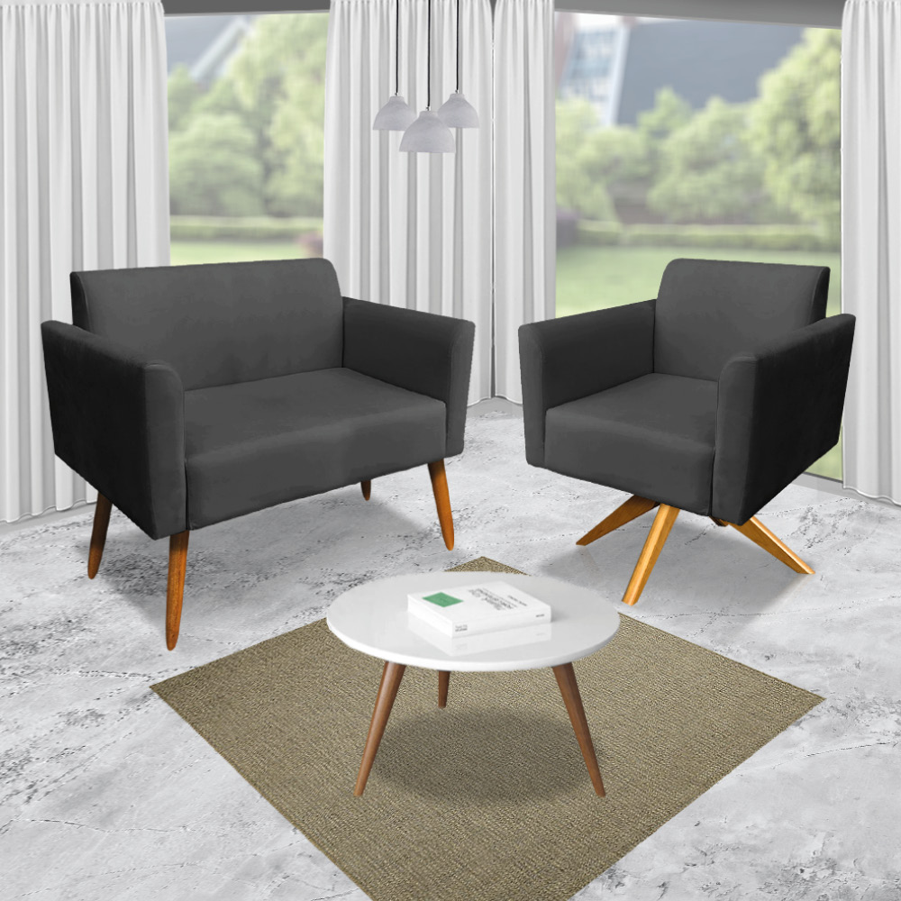 Kit 01 Namoradeira 02 Lugares e 02 Poltronas Marisa Suede Preto Base Giratória Madeira MA30 D'Rossi