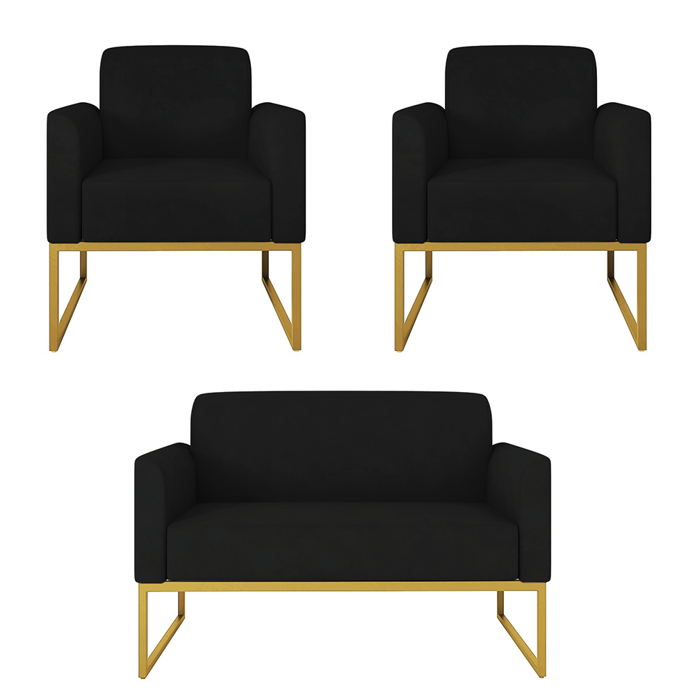 Kit 01 Namoradeira 02 Lugares e 02 Poltronas Marisa Suede Preto Base Industrial Metálica Dourado D'Rossi
