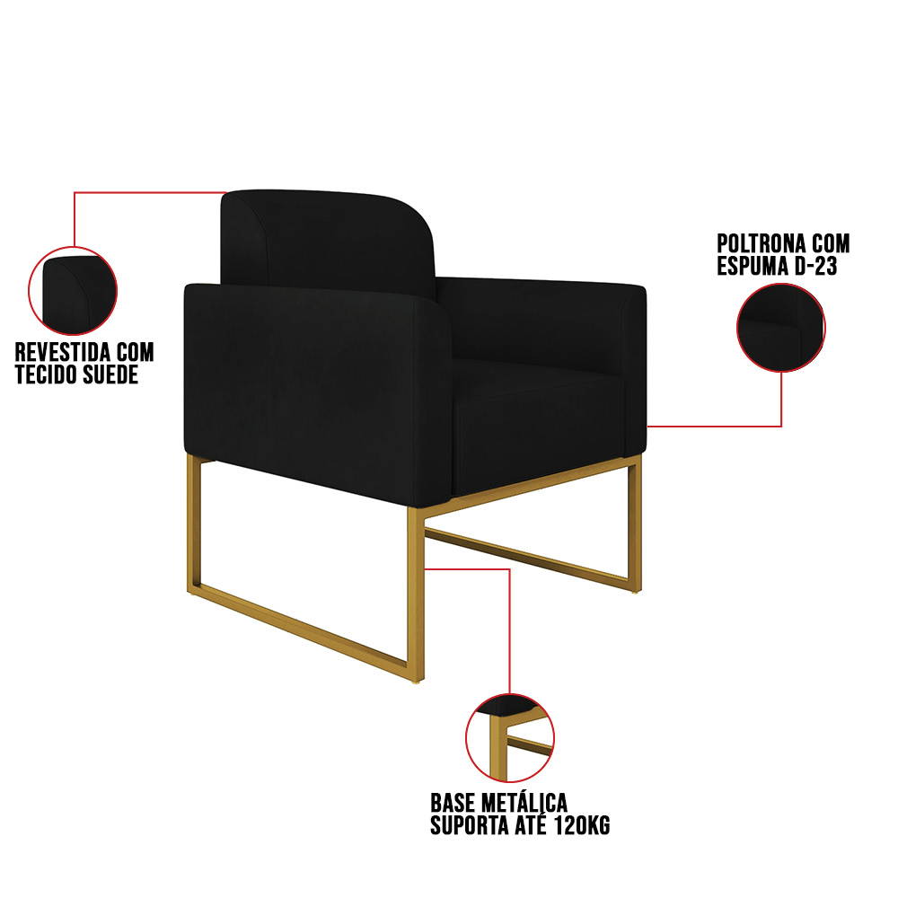Kit 01 Namoradeira 02 Lugares e 02 Poltronas Marisa Suede Preto Base Industrial Metálica Dourado D'Rossi