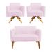 Kit 01 Namoradeira 02 Lugares e 02 Poltronas Marisa Suede Rosa Bebê Base Giratória Madeira MA30 D'Rossi