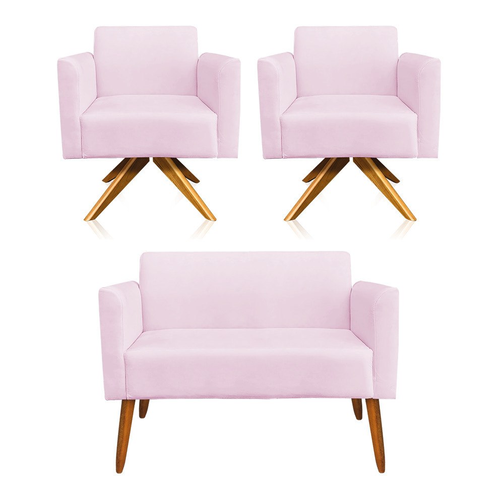 Kit 01 Namoradeira 02 Lugares e 02 Poltronas Marisa Suede Rosa Bebê Base Giratória Madeira MA30 D'Rossi
