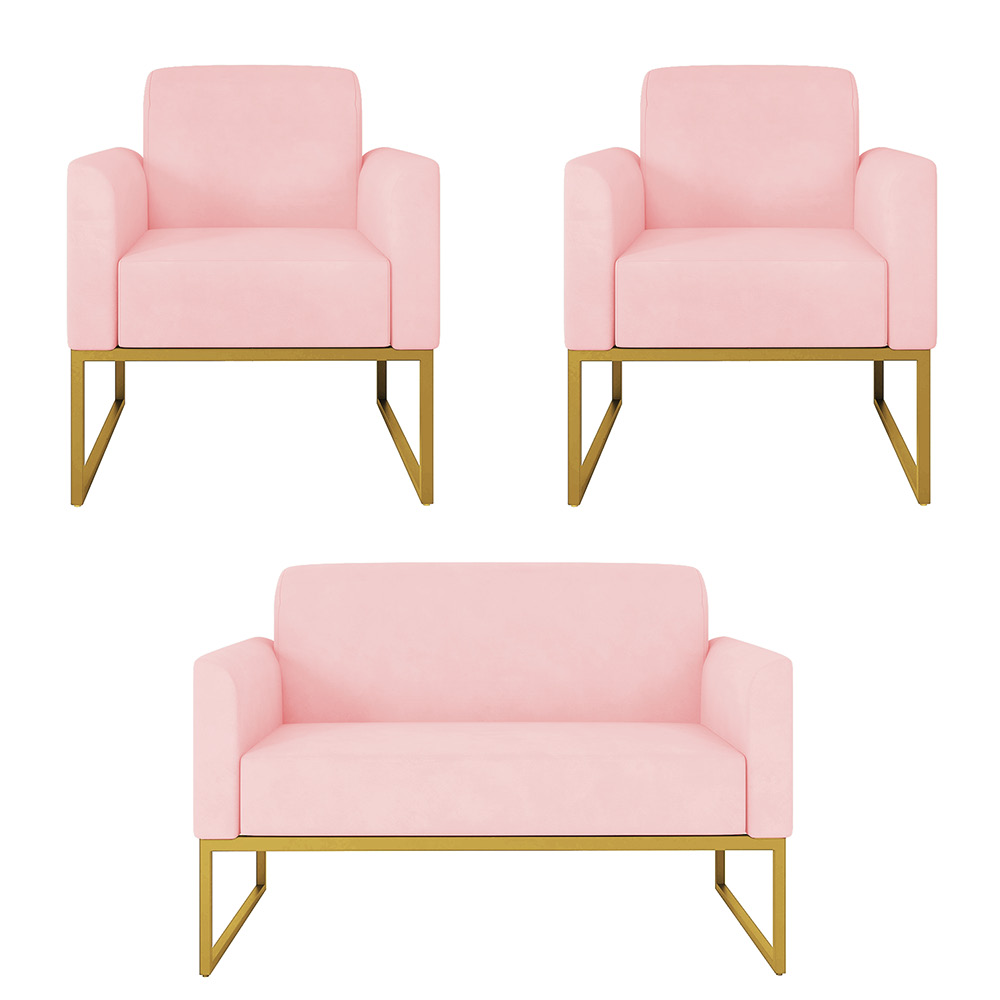 Kit 01 Namoradeira 02 Lugares e 02 Poltronas Marisa Suede Rosa Bebê Base Industrial Metálica Dourado D'Rossi