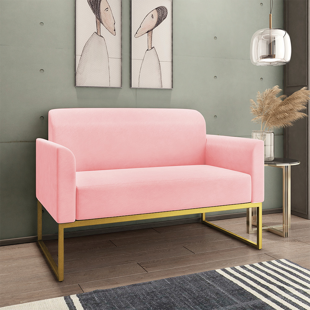 Kit 01 Namoradeira 02 Lugares e 02 Poltronas Marisa Suede Rosa Bebê Base Industrial Metálica Dourado D'Rossi