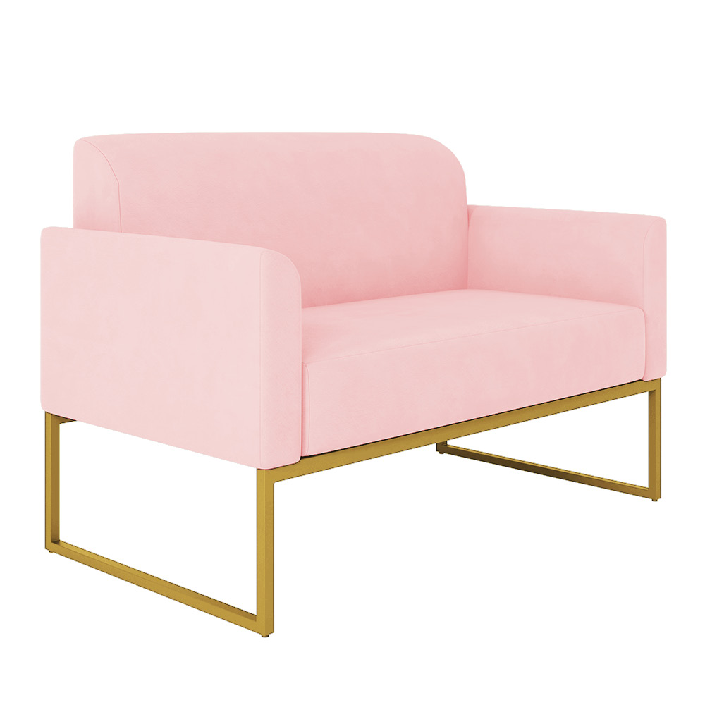 Kit 01 Namoradeira 02 Lugares e 02 Poltronas Marisa Suede Rosa Bebê Base Industrial Metálica Dourado D'Rossi