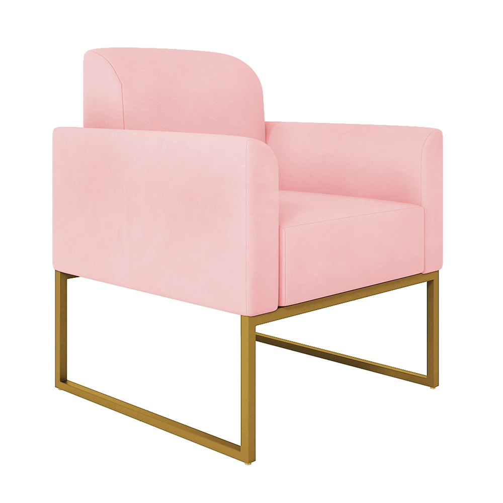Kit 01 Namoradeira 02 Lugares e 02 Poltronas Marisa Suede Rosa Bebê Base Industrial Metálica Dourado D'Rossi